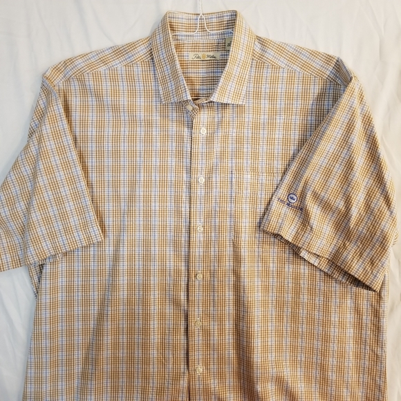 Peter Millar Short Sleeve Button Up Shirt Tan Blue Check Plaid XL - Picture 5 of 16